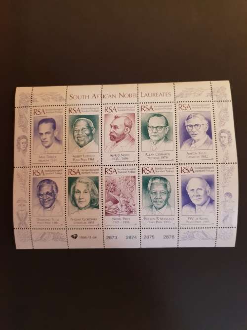 RSA 1996 NOBEL LAUREATES FDC 6.46 and 6.47 SIGNED BY PRESIDENT FW DE KLERK plus miniature sheet