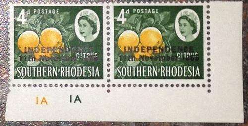 Southern Rhodesia 4d 11 November 1965 Independence overprint Marginal pair