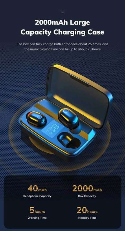Bluetooth earphones with 2000mAh power bank charger case - Black