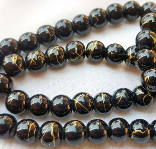 20pc  x 8mm  Black with Gold Glass Beads