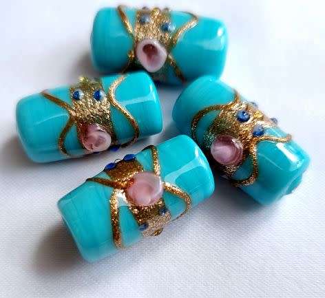 1Pc  x (+/-22 cm)   Turquoise Tube Handmade Lampwork Glass  Bead