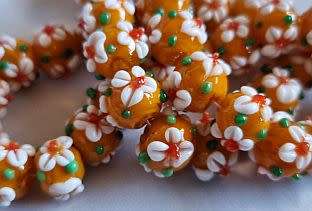 *Clearance Sale*1Pc x (+/-12x9mm) Orange With White Flower Detail Lampwork Glass  Bead - Each