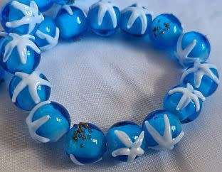 *Clearance Sale*1Pc x (+/- 12mm) Blue With White Starfish and Gold,  Round  Handmade Lampwork