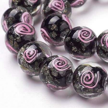 *Clearance Sale*1Pc, Black, Round Gold Sand With Pink Spiral,  Lampwork
