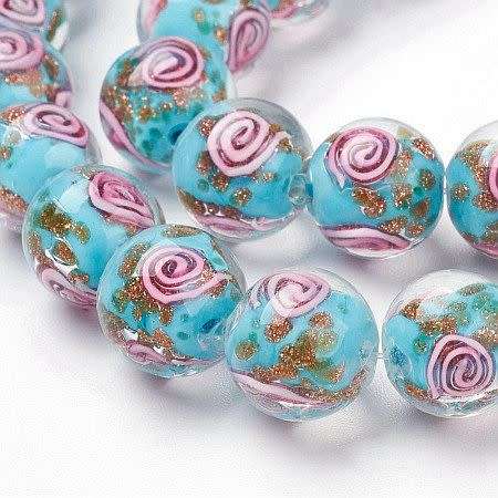 *Clearance Sale*1Pc, Light Blue, Round Gold Sand With Pink Spiral,  Lampwork