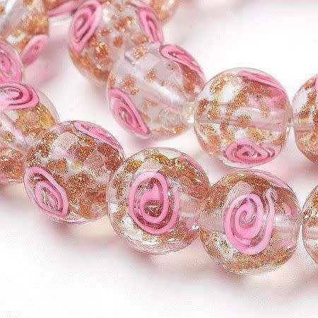 *Clearance Sale*1Pc, Clear, Round Gold Sand With Pink Spiral,  Lampwork
