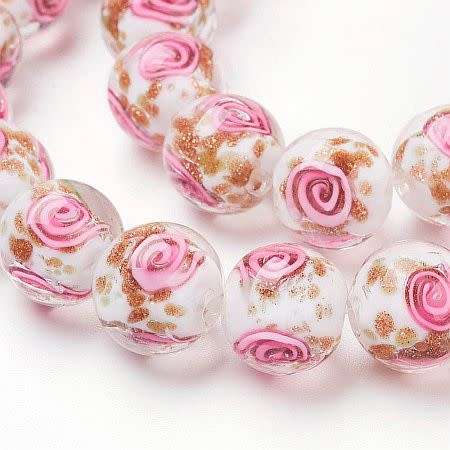 *Clearance Sale*1Pc, White, Round Gold Sand With Pink Spiral,  Lampwork