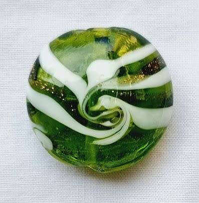 *Clearance Sale*4Pc x 20mm Green With Gold Sand and White  Flat Round  Glass  Beads