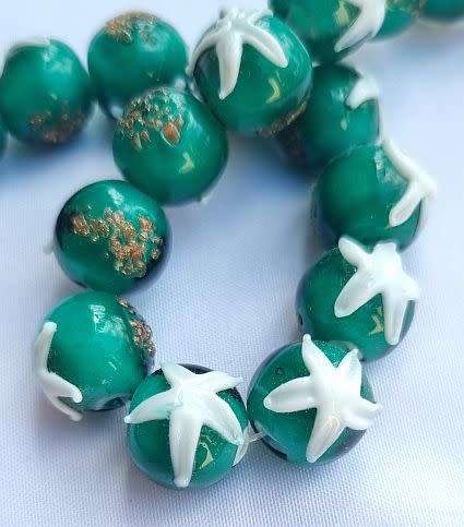*Clearance Sale*1Pc x (+/- 12mm) Dark Green With White Starfish and Gold ,  Round  Handmade Lampwork