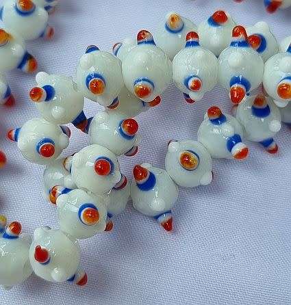 *Clearance Sale*4Pc x (+/- 10 x7mm)  White / Multi Color Handmade Lampwork Glass Beads
