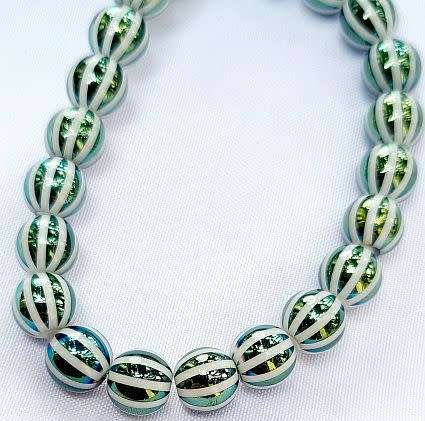 *Clearance Sale*10 pc x 8mm White  / Green / Electroplate Stripes Round Glass Beads