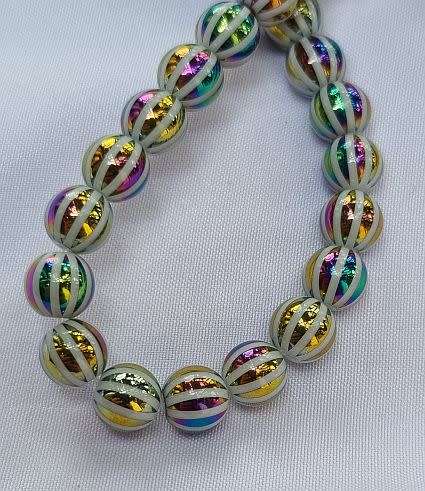*Clearance Sale*10 pc x 8mm White  / Multi Color / Electroplate Stripes Round Glass Beads