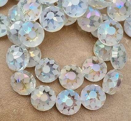 4pc x 14mm Off White / Clear  / Flat Round / Faceted Electroplate Glass Beads