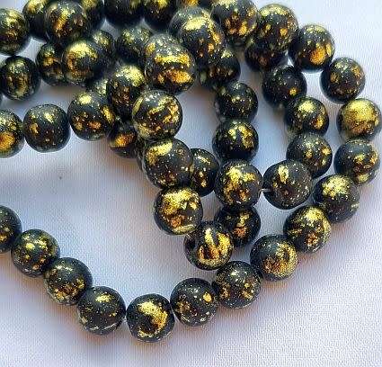 15Pc x 8mm  Matt Black / Gold Round Glass  Beads