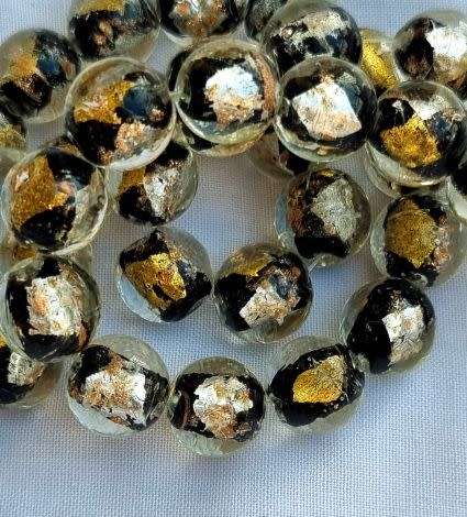 *Clearance Sale*1Pc x 12mm, Black With Gold and Silver Foil / Round Handmade Lampwork