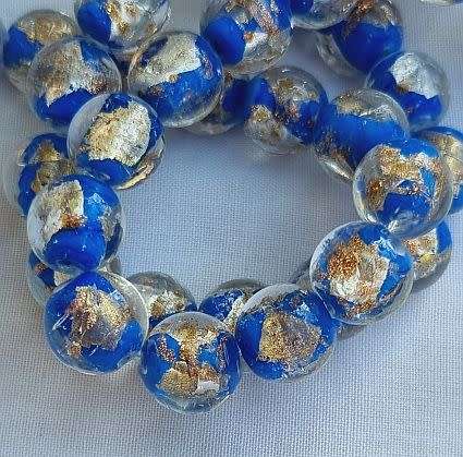 *Clearance Sale*1Pc x 12mm, Blue With Gold and Silver Foil / Round Handmade Lampwork
