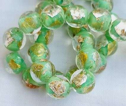 *Clearance Sale*1Pc x 12mm, Green With Gold and Silver Foil / Round Handmade Lampwork
