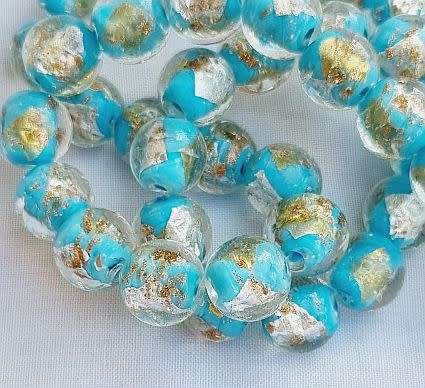 *Clearance Sale*1Pc x 12mm, Light Blue With Gold and Silver Foil / Round Handmade Lampwork