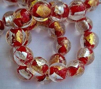 *Clearance Sale*1Pc x 12mm, Red With Gold and Silver Foil / Round Handmade Lampwork