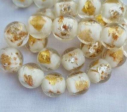 *Clearance Sale*1Pc x 12mm, White With Gold and Silver Foil / Round Handmade Lampwork