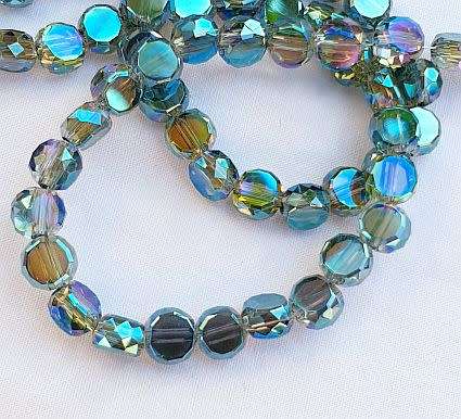 20 pc x 5mm Green / Multi Color AB / Flat Round  /  Faceted Glass Beads