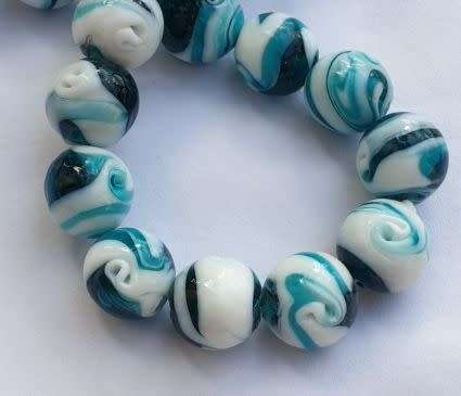 1Pc x (+/-14mm) White / Green, Round Handmade Lampwork Glass  Bead - Each