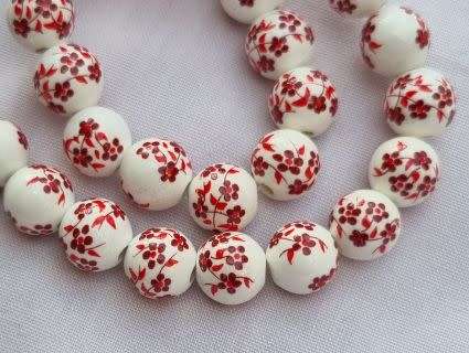 10pc x 10mm White / Red / Painted / Flowers / Round Porcelain Beads