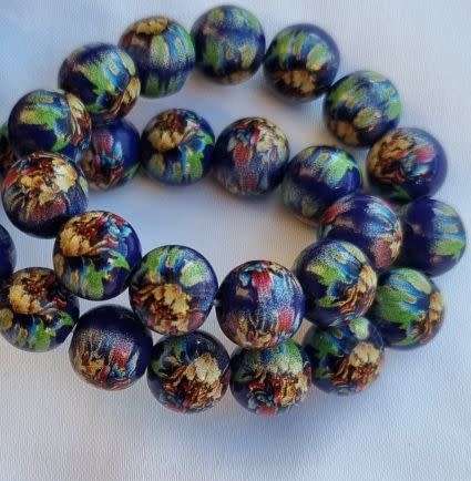 *Clearance Sale*10pc x 10mm Dark Blue / Painted / Yellow Flowers / Round Glass Beads