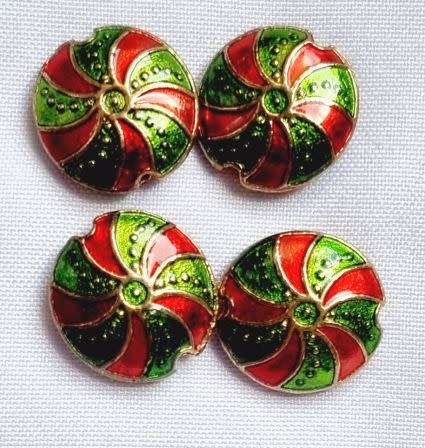 *Clearance Sale*1pc x 13mm  Green / Red Flat Round Enamel / Metal Bead / Spacer - Each
