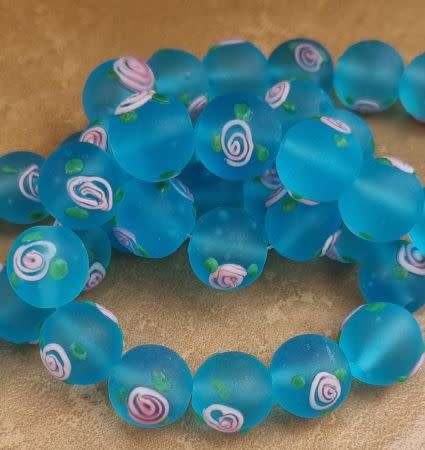 4pc (+/-12mm)   Blue / Frosted  / Round  / Lampwork Glass Beads