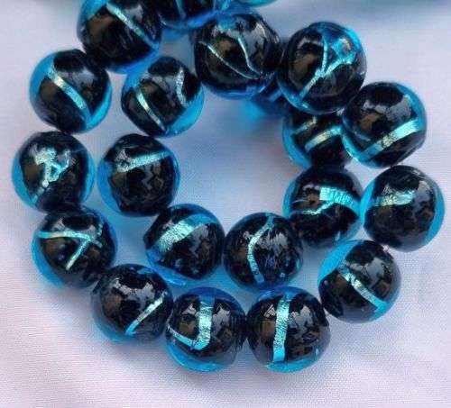 *Clearance Sale*1Pc x 12mm, Black / Light Blue /Silver Foil / Round Handmade Lampwork