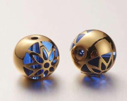 *Clearance Sale*1Pc x (10mm) 18K Gold Plated / Dark Blue / Flower / Round Glass