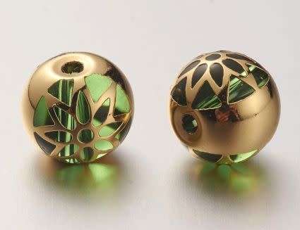 *Clearance Sale*1Pc x (10mm) 18K Gold Plated / Green / Flower / Round Glass