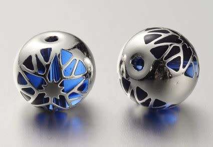 *Clearance Sale*1Pc x (10mm) 925 Sterling Silver Plated / Dark Blue  / Flower / Round Glass