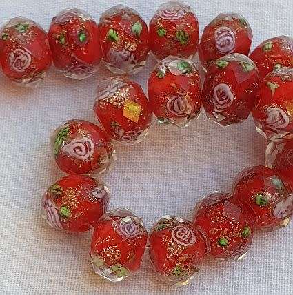 10 pc Red Gold Sand Lampwork Rondelle Glass  Beads  10x7 mm
