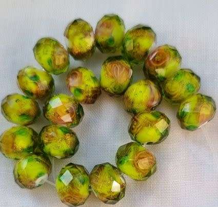 *Clearance Sale*10 pc Green Gold Sand Lampwork Rondelle Glass  Beads  10x7 mm