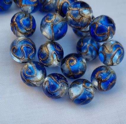 *Clearance Sale*1pc x 12mm Dark Blue / Silver Foil / Gold Sand Detail / Handmade Lampwork