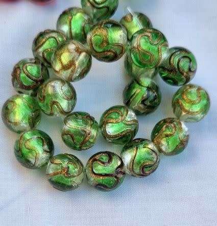 *Clearance Sale*1pc x 12mm Green / Silver Foil / Gold Sand Detail / Handmade Lampwork