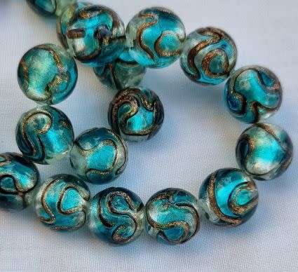 *Clearance Sale*1pc x 12mm Light Blue / Silver Foil / Gold Sand Detail / Handmade Lamwork
