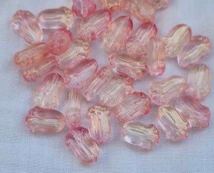 10Pc x (10x7mm)  Pink / Painted With Gold Dust / Flower Glass Beads