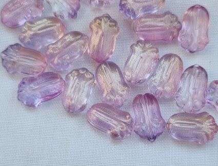 10Pc x (10x7mm)  Purple / Painted With Gold Dust / Flower Glass Beads