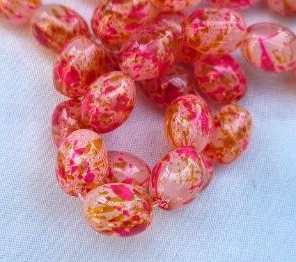 12Pc x (11x8mm)  Pink / Multi Color / Oval / Painted Glass  Beads