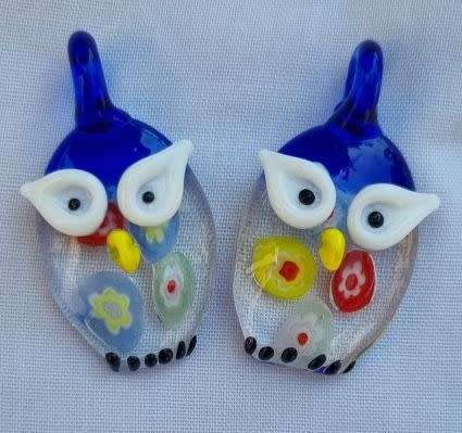 1pc x Owl / Dark Blue / Clear Millefiori Handmade Lampwork Glass Pendant +/- 38x20mm