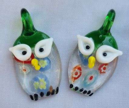 1pc x Owl / Green / Clear Millefiori Handmade Lampwork Glass Pendant +/- 38x20mm