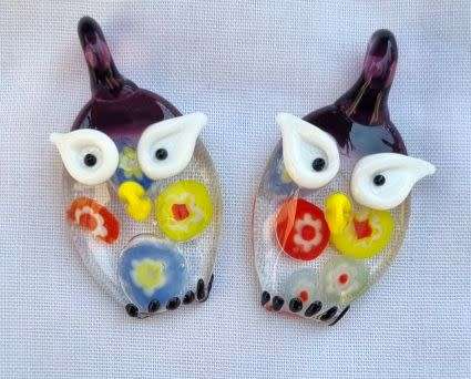 1pc x Owl / Purple / Clear Millefiori Handmade Lampwork Glass Pendant +/- 38x20mm