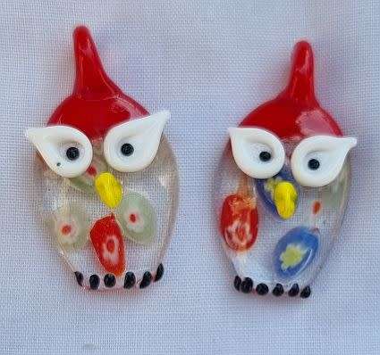 1pc x Owl / Red / Clear Millefiori Handmade Lampwork Glass Pendant +/- 38x20mm