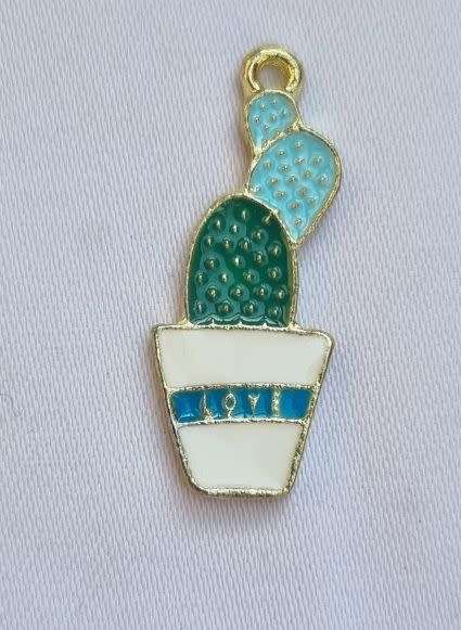 *Clearance Sale*1pc Cactus / Green / Light Blue  / Gold Tone /  Enamel  Charm / 27x11mm