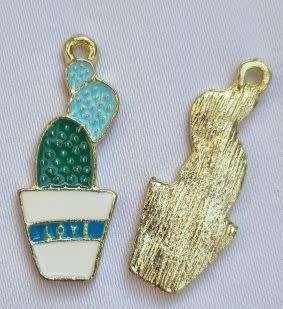 *Clearance Sale*1pc Cactus / Green / Light Blue  / Gold Tone /  Enamel  Charm / 27x11mm