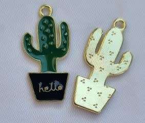 *Clearance Sale*1pc Cactus / Dark Green / Gold Tone /  Enamel  Charm / 27x13mm