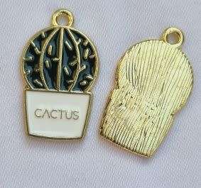 *Clearance Sale*1pc Cactus / Dark Green  / Gold Tone /  Enamel  Charm / 23x13.5mm